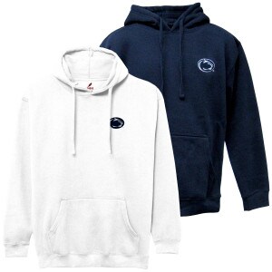 white and navy hooded sweatshirts with Penn State Athletic Logo on left chests